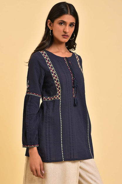W for Woman Navy Embroidered A-Line Western Top
