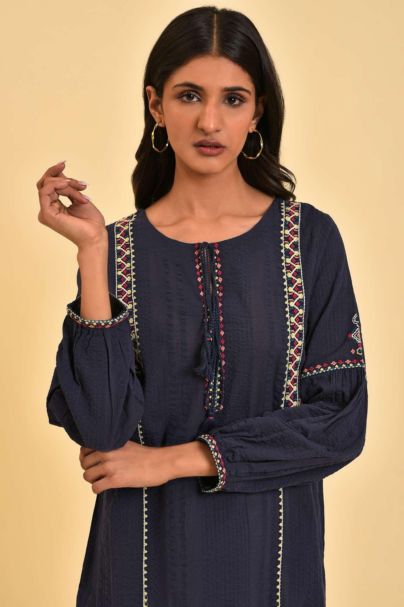 W for Woman Navy Embroidered A-Line Western Top