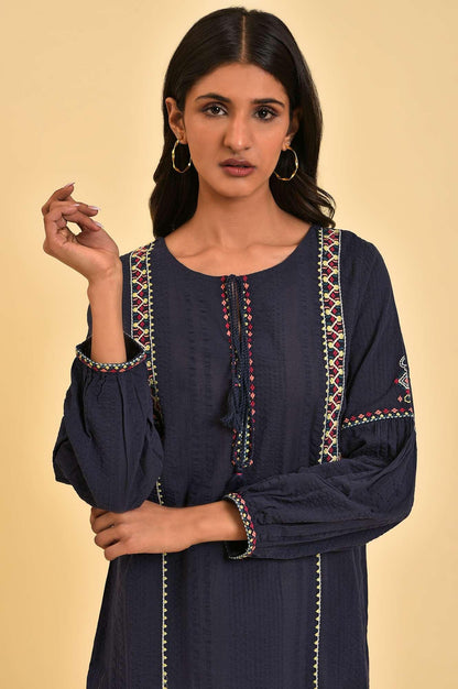 W for Woman Navy Embroidered A-Line Western Top