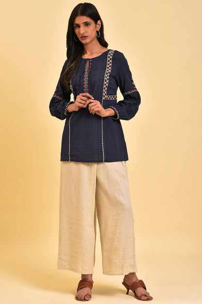 W for Woman Navy Embroidered A-Line Western Top