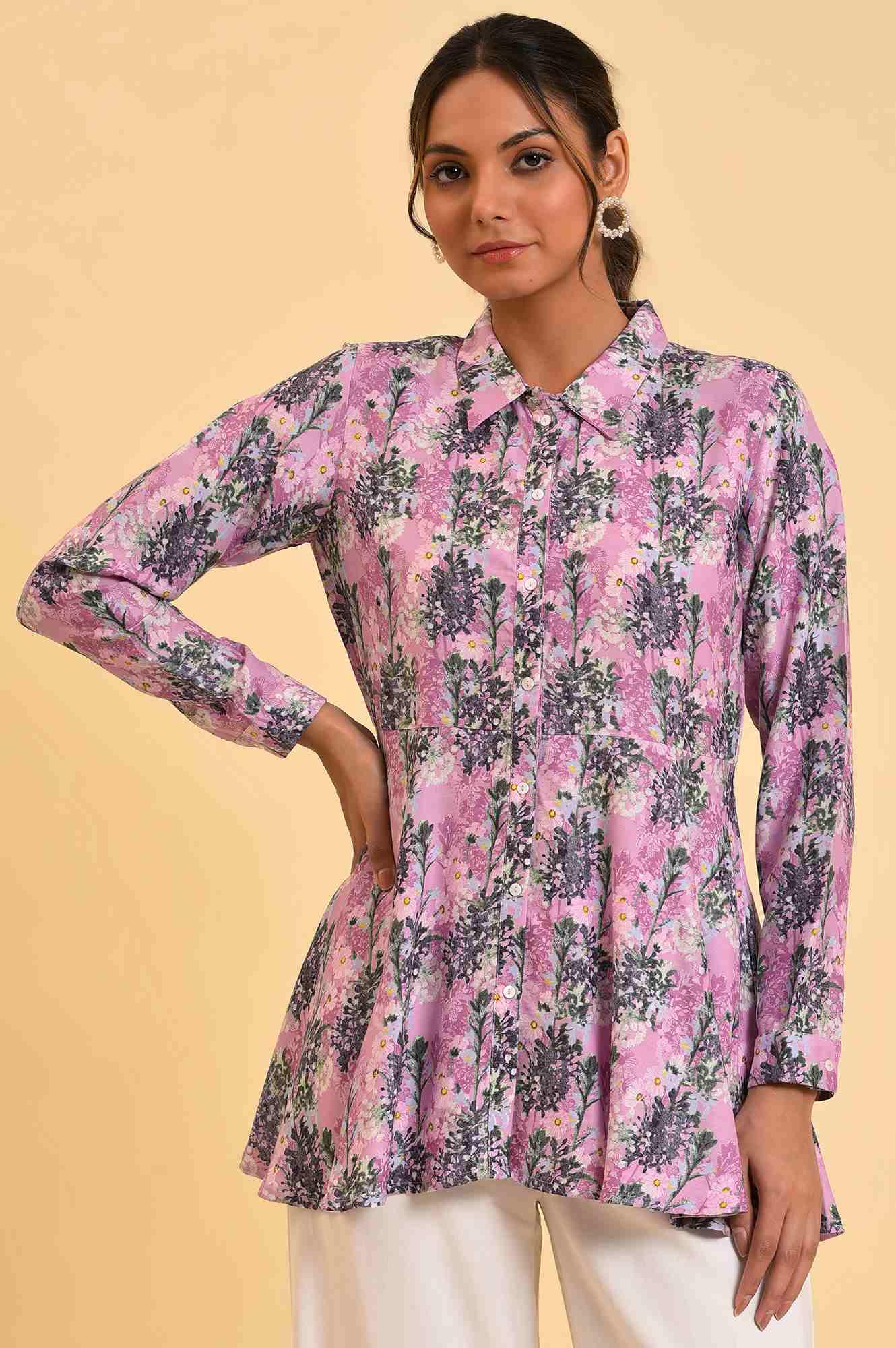 W for Woman Purple Floral Printed Flared Top