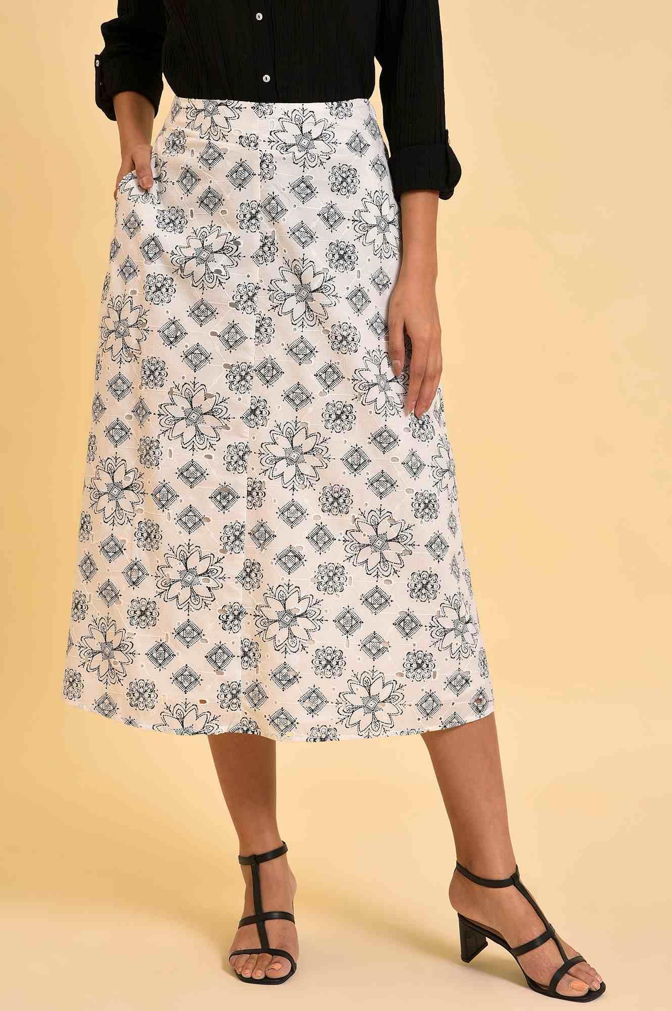 W for Woman Ecru Printed Schiffli Skirt