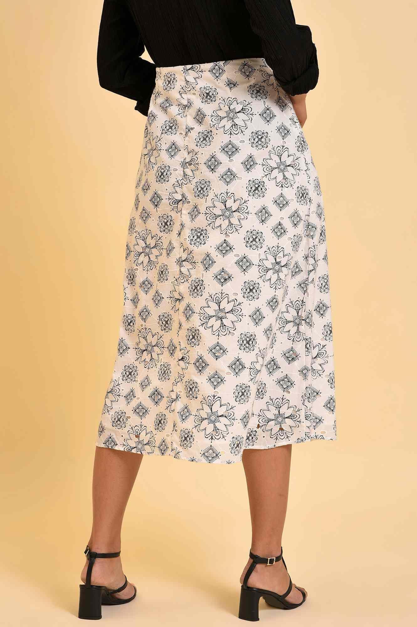 W for Woman Ecru Printed Schiffli Skirt