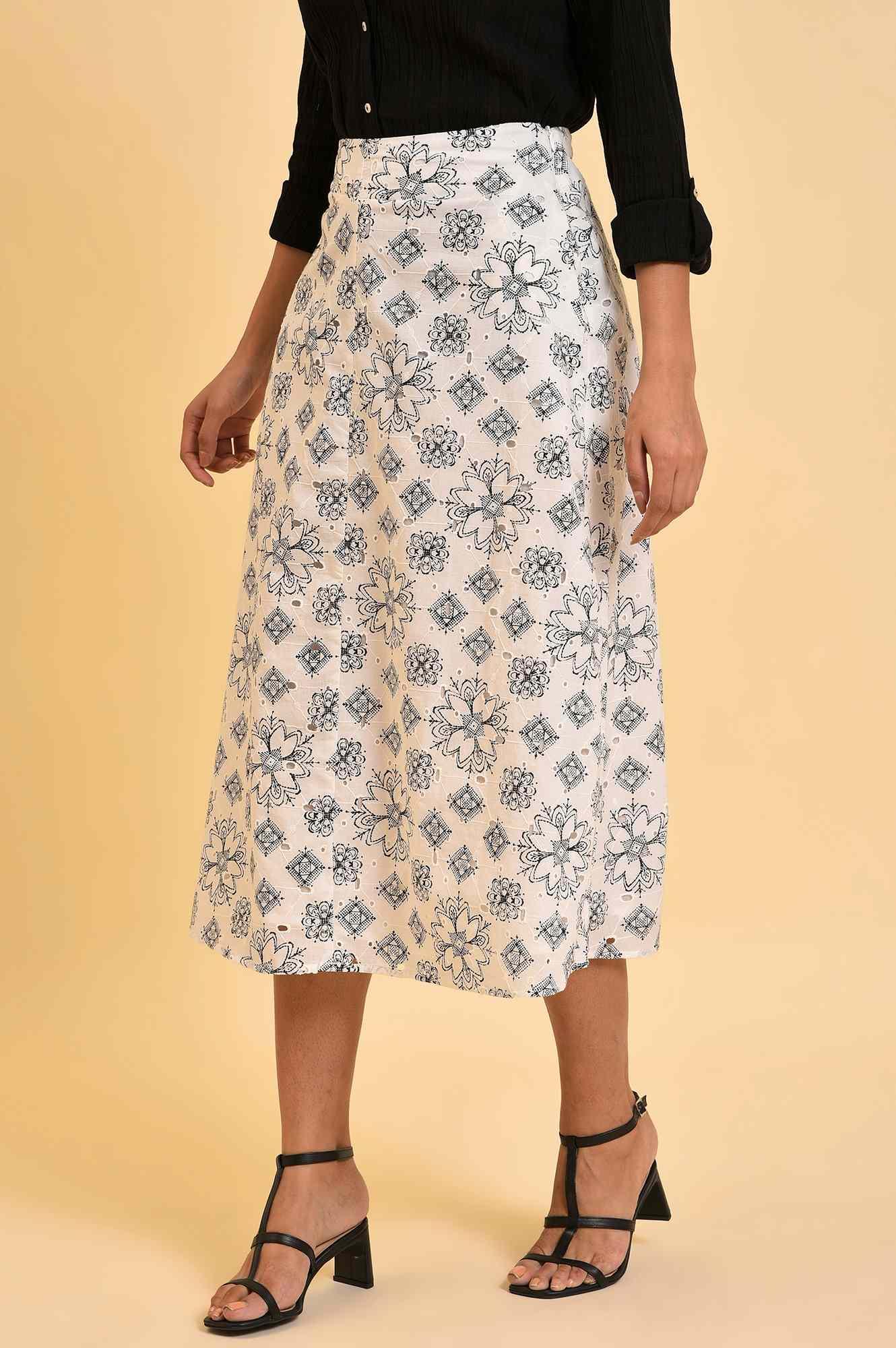 W for Woman Ecru Printed Schiffli Skirt