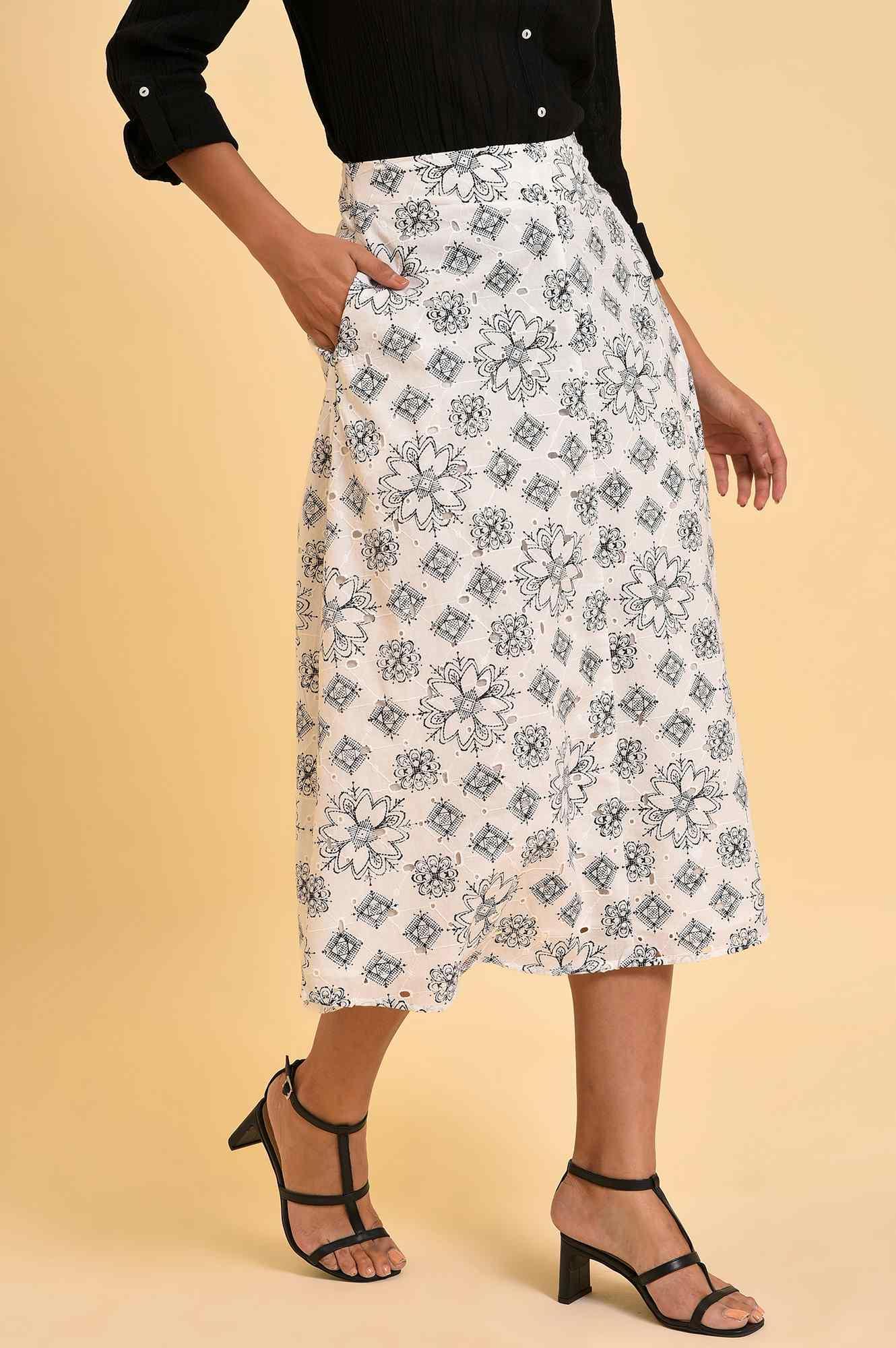 W for Woman Ecru Printed Schiffli Skirt
