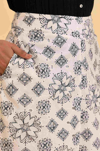 W for Woman Ecru Printed Schiffli Skirt