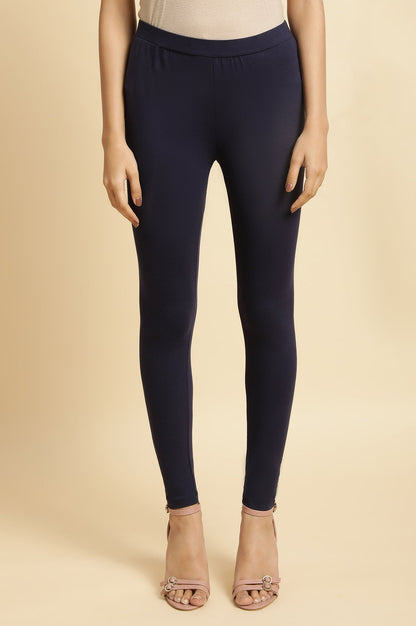W for Woman Blue Solid Cotton Jersey Lycra Tights