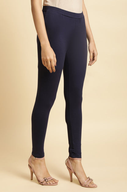 W for Woman Blue Solid Cotton Jersey Lycra Tights