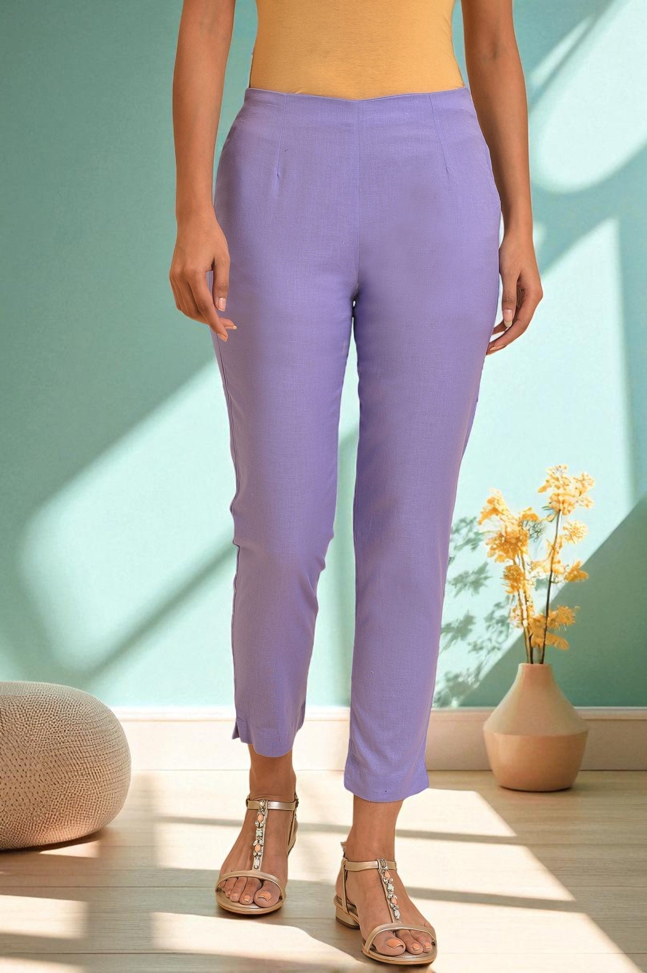 W for Woman Purple Solid Cotton Flax Slim Pants