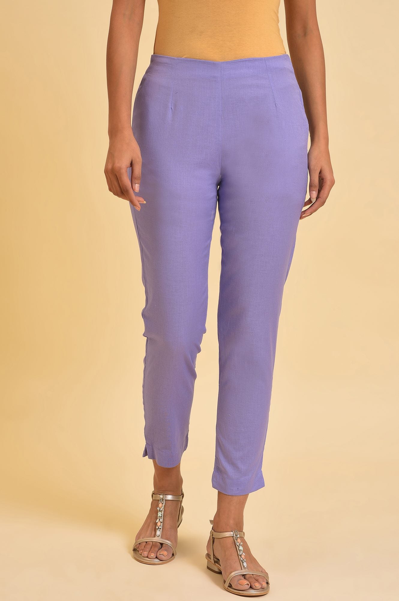 W for Woman Purple Solid Cotton Flax Slim Pants