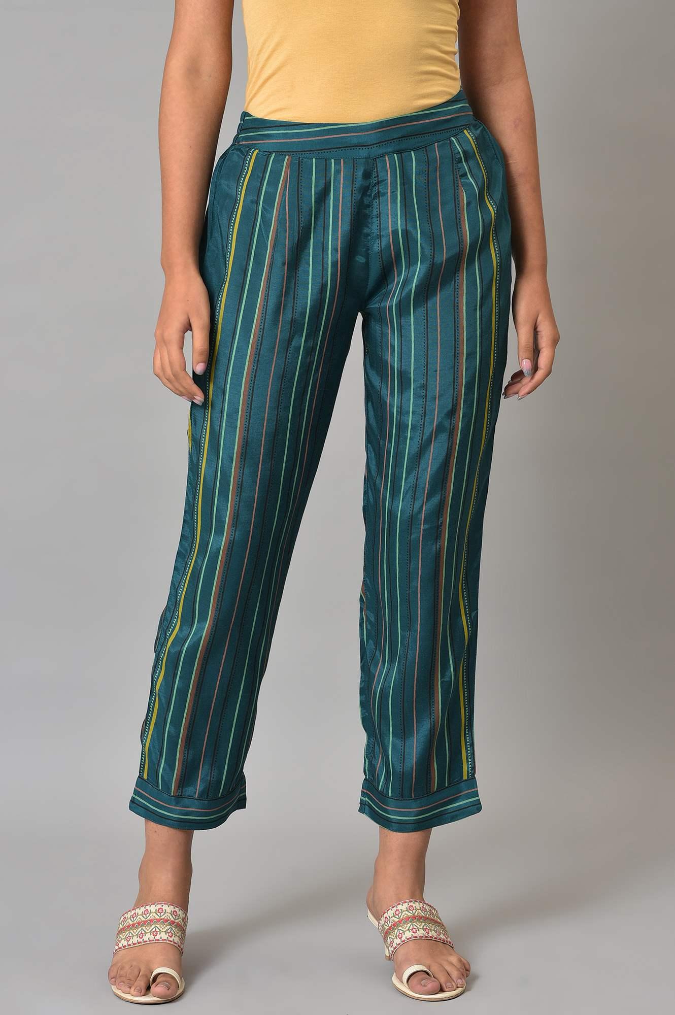 W for Woman Teal Multi-Coloured Stripe Print Plus Size Pants