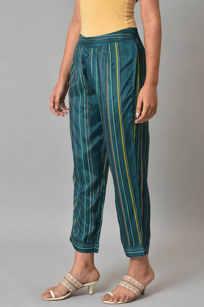 W for Woman Teal Multi-Coloured Stripe Print Pants