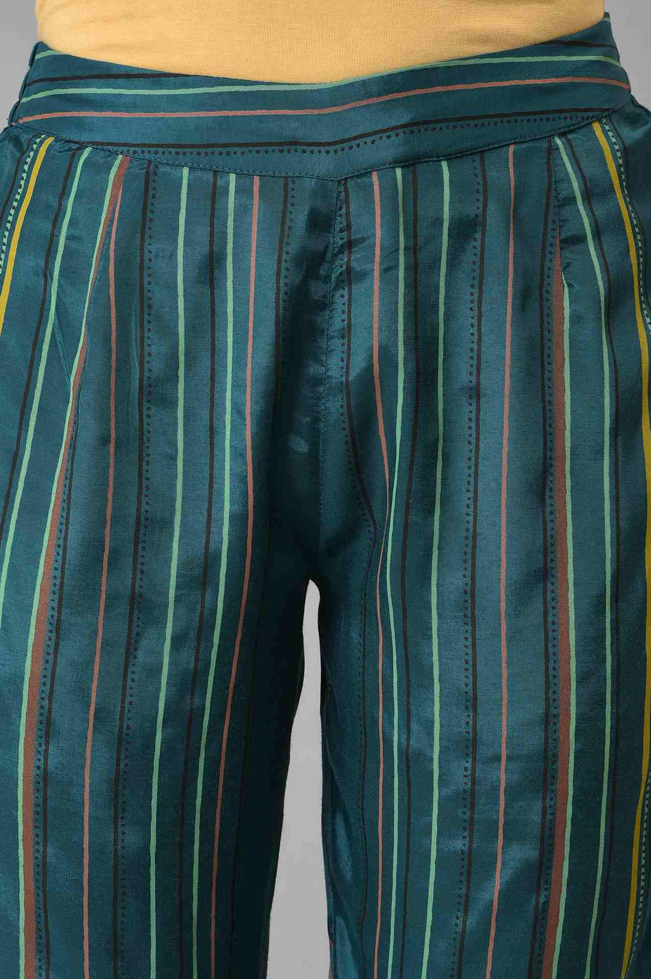 W for Woman Teal Multi-Coloured Stripe Print Pants