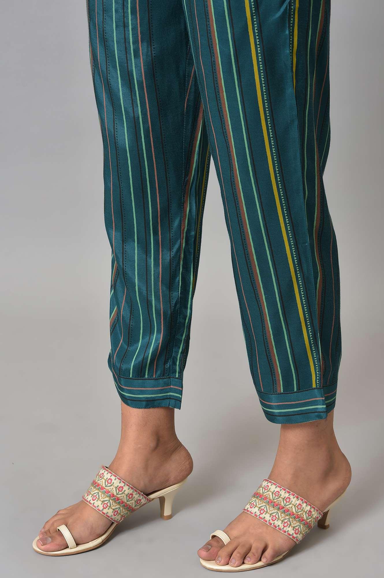 W for Woman Teal Multi-Coloured Stripe Print Pants