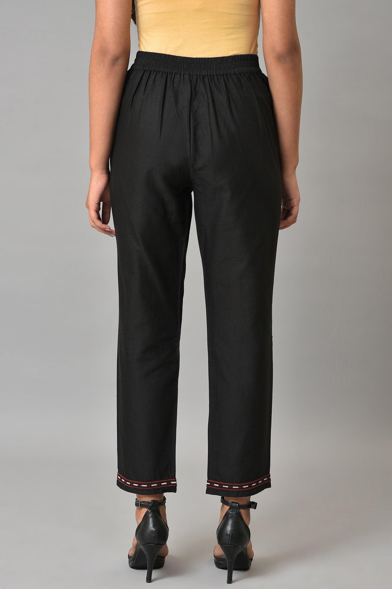 W for Woman Plus Size Black Slim Pants With Embroidery At Hemline
