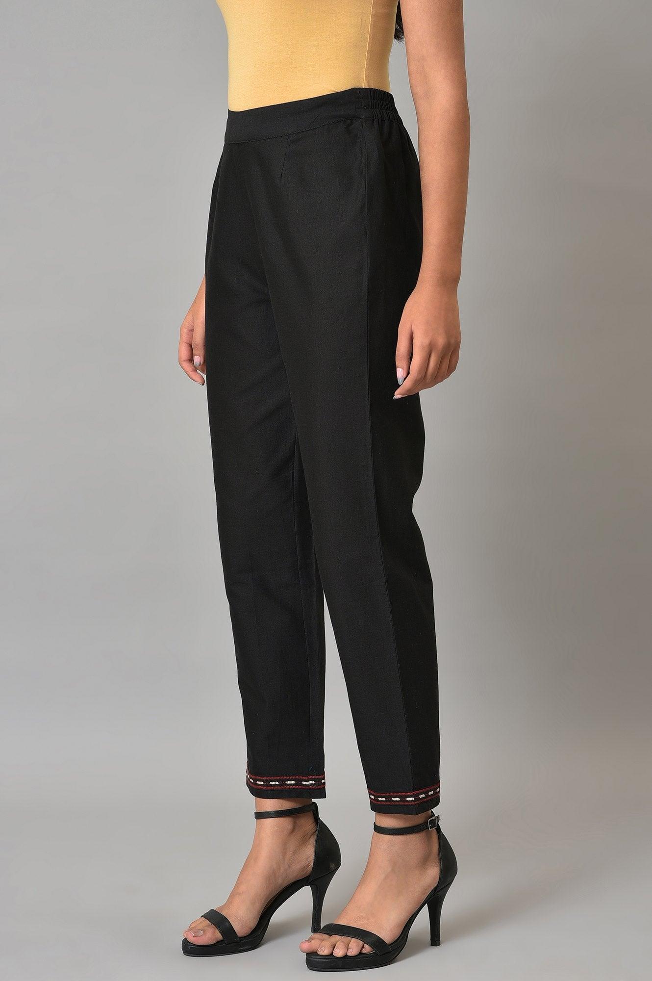 W for Woman Plus Size Black Slim Pants With Embroidery At Hemline