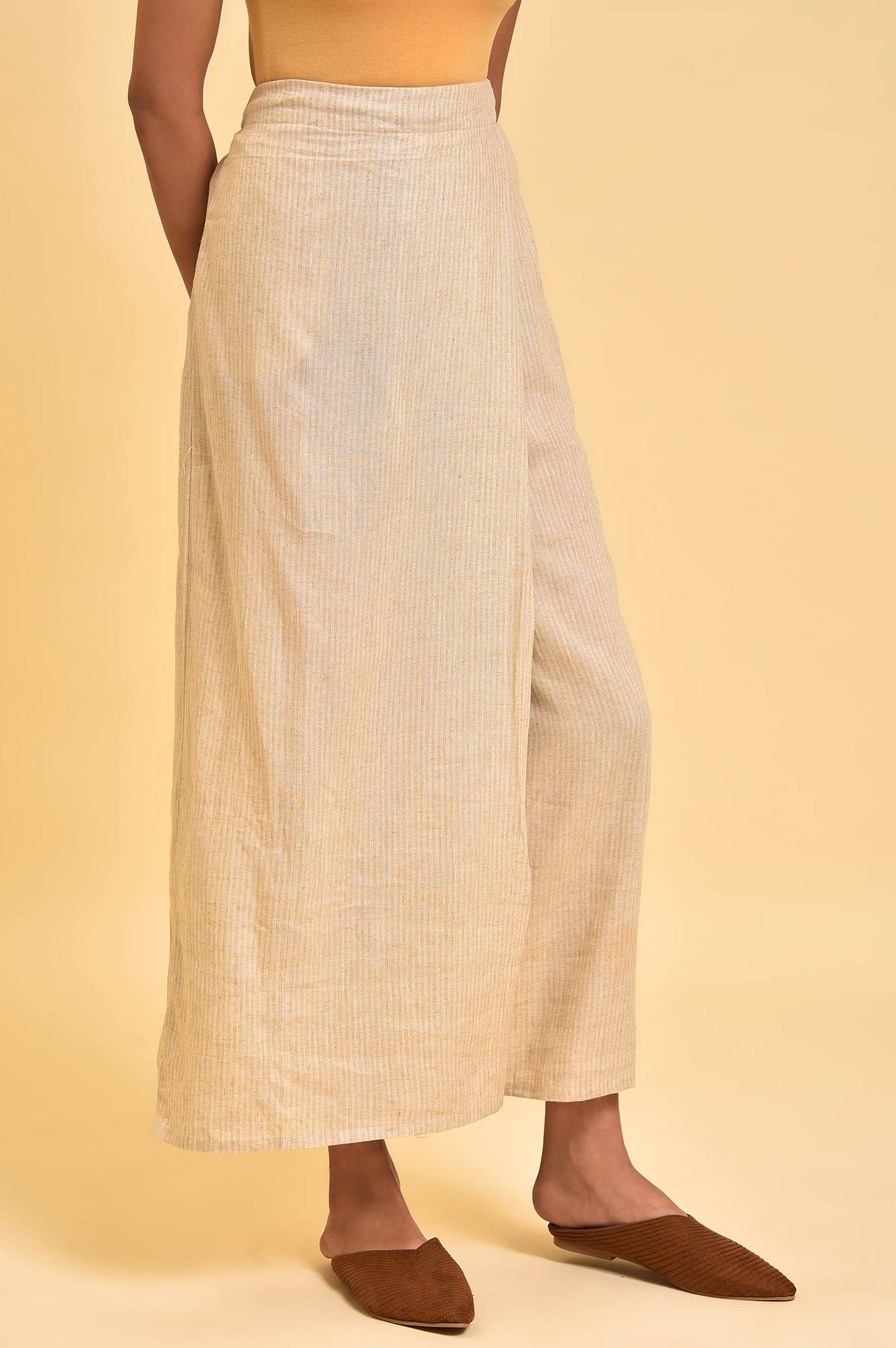 W for Woman Beige Rayon Flared Kurta and Parallel Pant Set