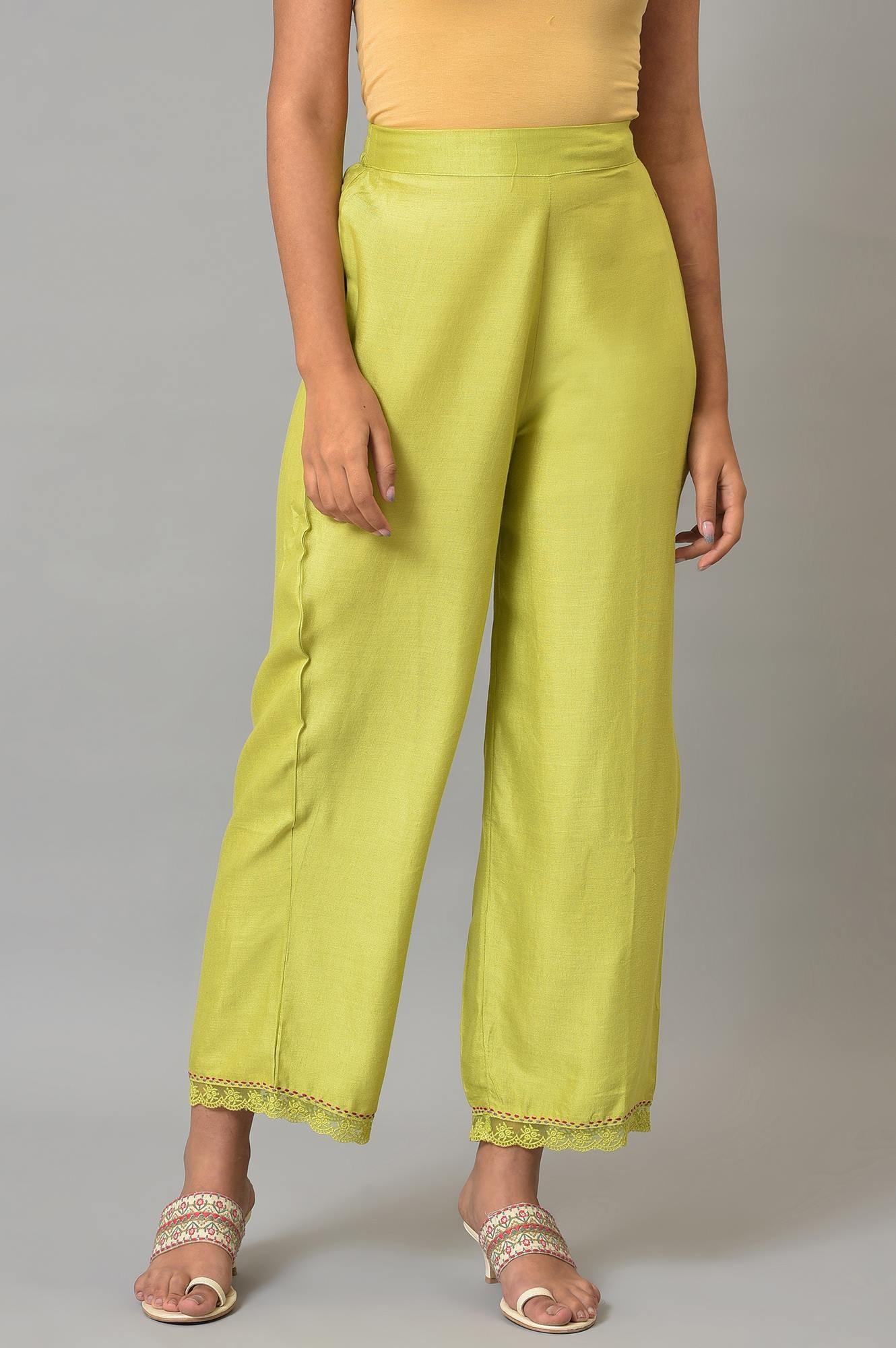 W for Woman Light Green Slim Pants With Lace Detail