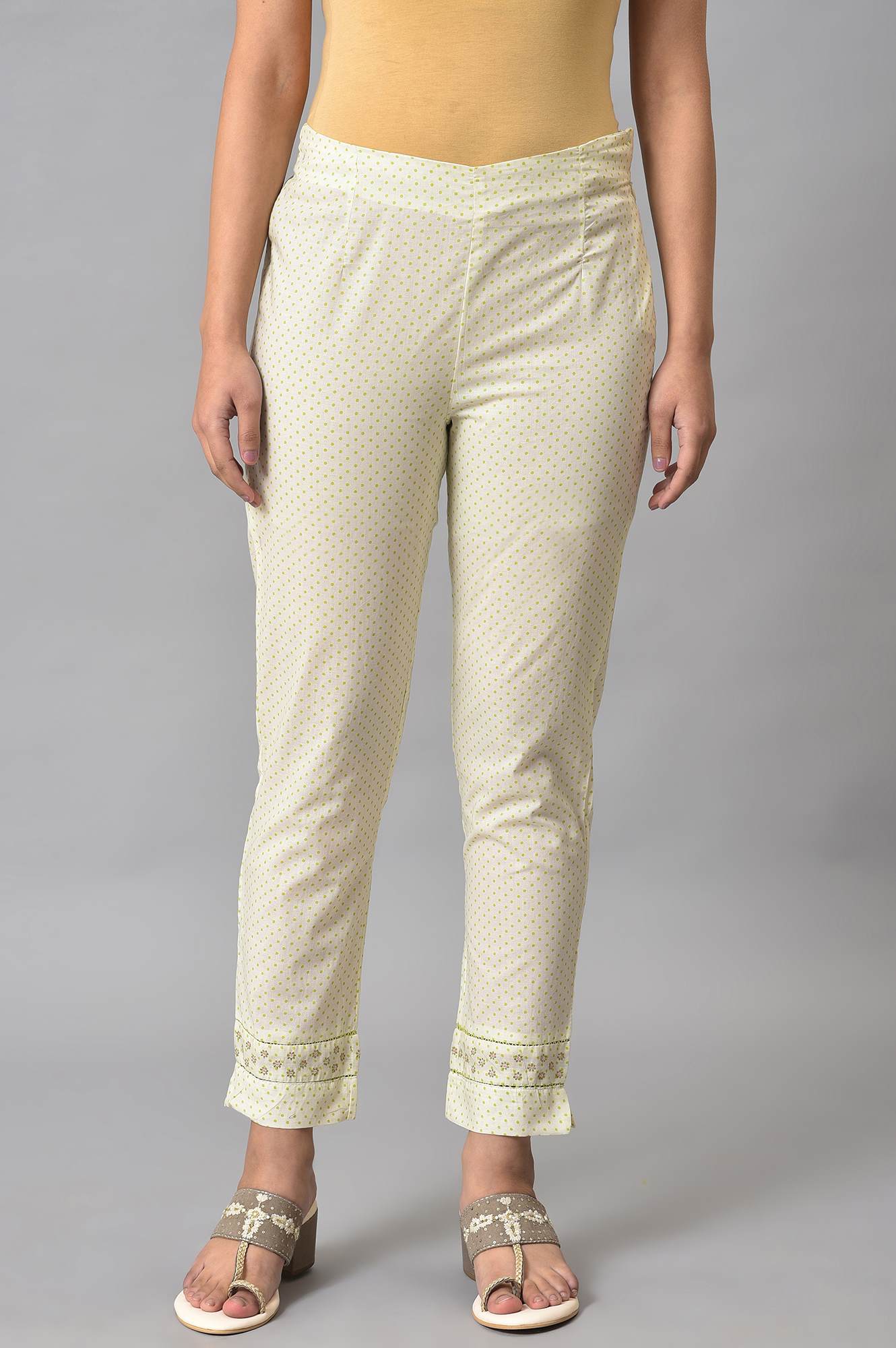 W for Woman Ecru Green Dotted Slim Pants