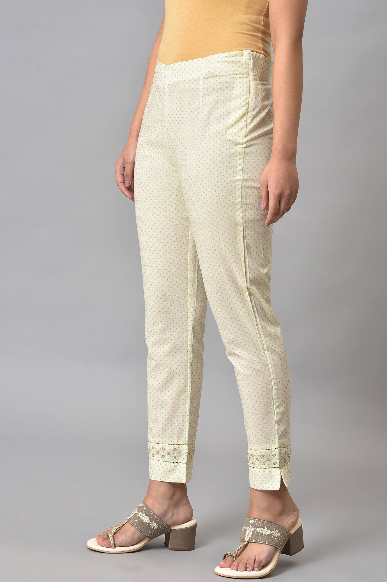 W for Woman Ecru Green Dotted Slim Pants