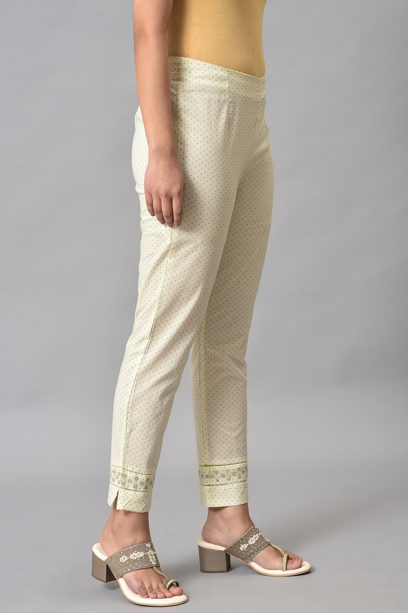 W for Woman Ecru Green Dotted Slim Pants