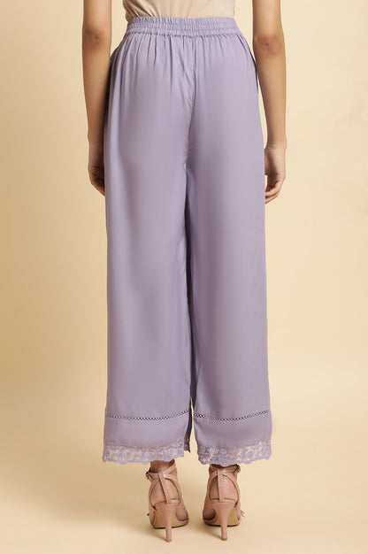 W for Woman Purple Solid Thread Work Seer Sucker Straight Kurta and Parallel Pant Set