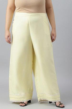 W for Woman Light Yellow Plus Size Parallel Pants With Pleats And Lace Detail