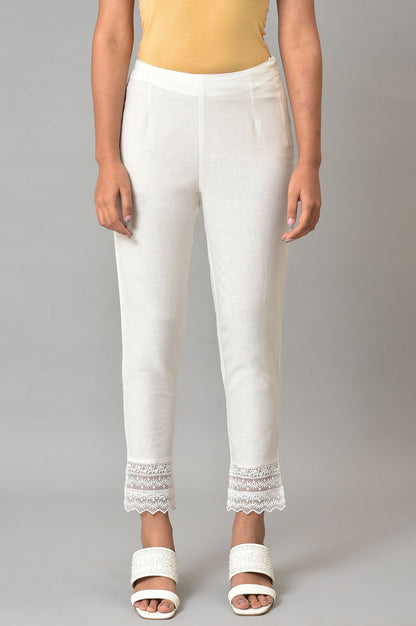W for Woman White Solid Cotton Flax Slim Pant with Embellished Hemline