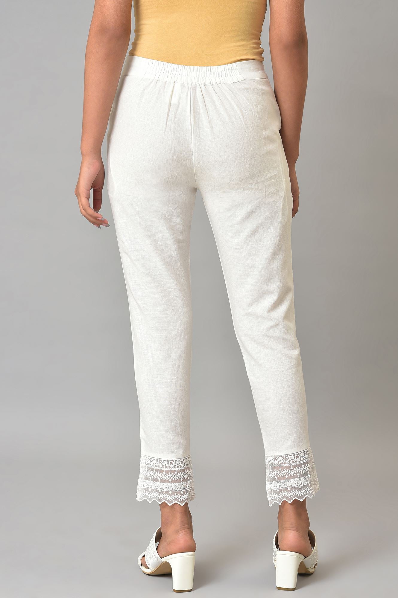 W for Woman White Solid Cotton Flax Slim Pant with Embellished Hemline
