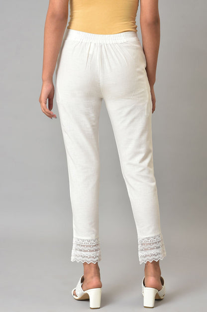 W for Woman White Solid Cotton Flax Slim Pant with Embellished Hemline
