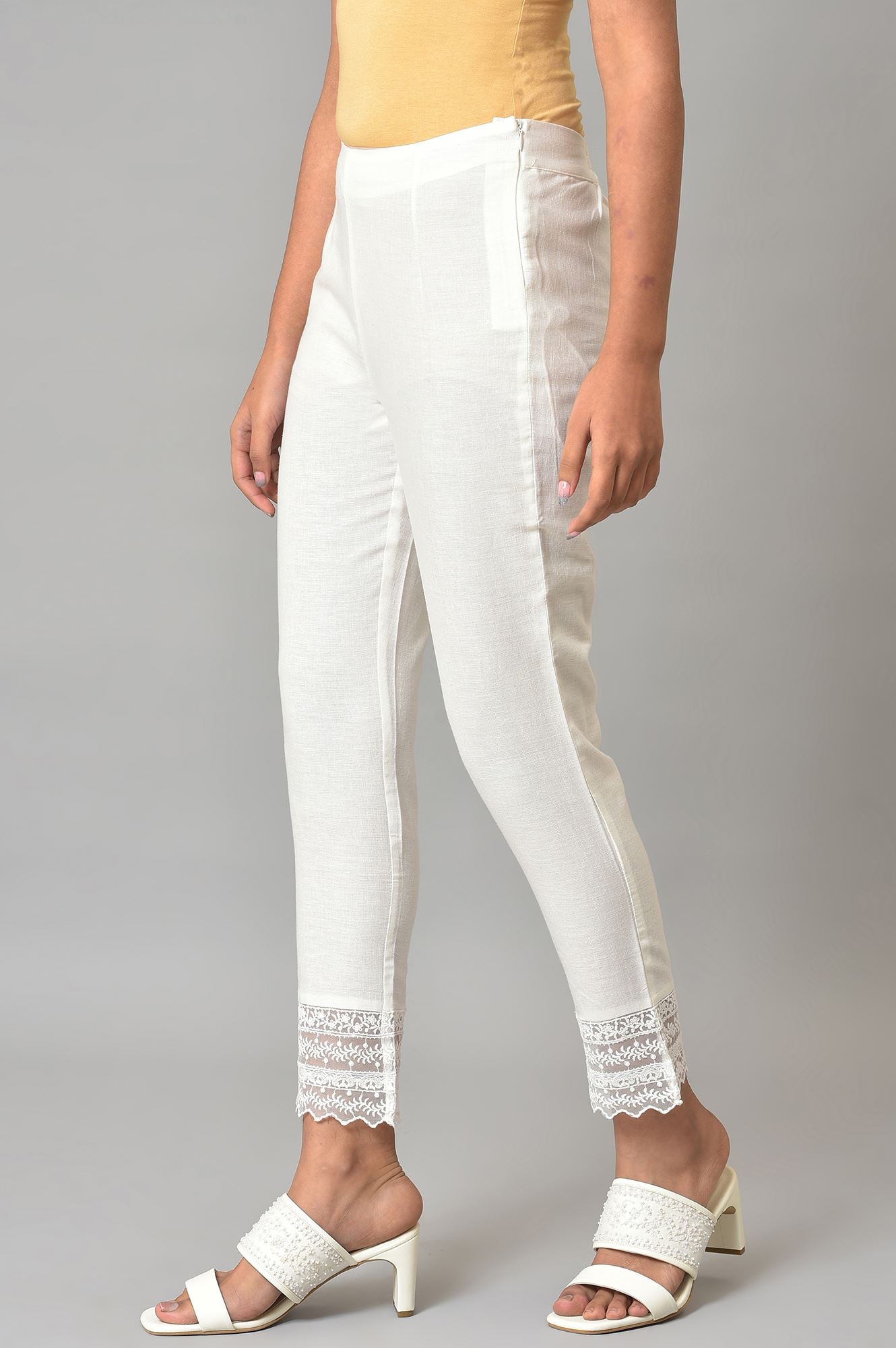 W for Woman White Solid Cotton Flax Slim Pant with Embellished Hemline
