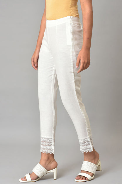 W for Woman White Solid Cotton Flax Slim Pant with Embellished Hemline