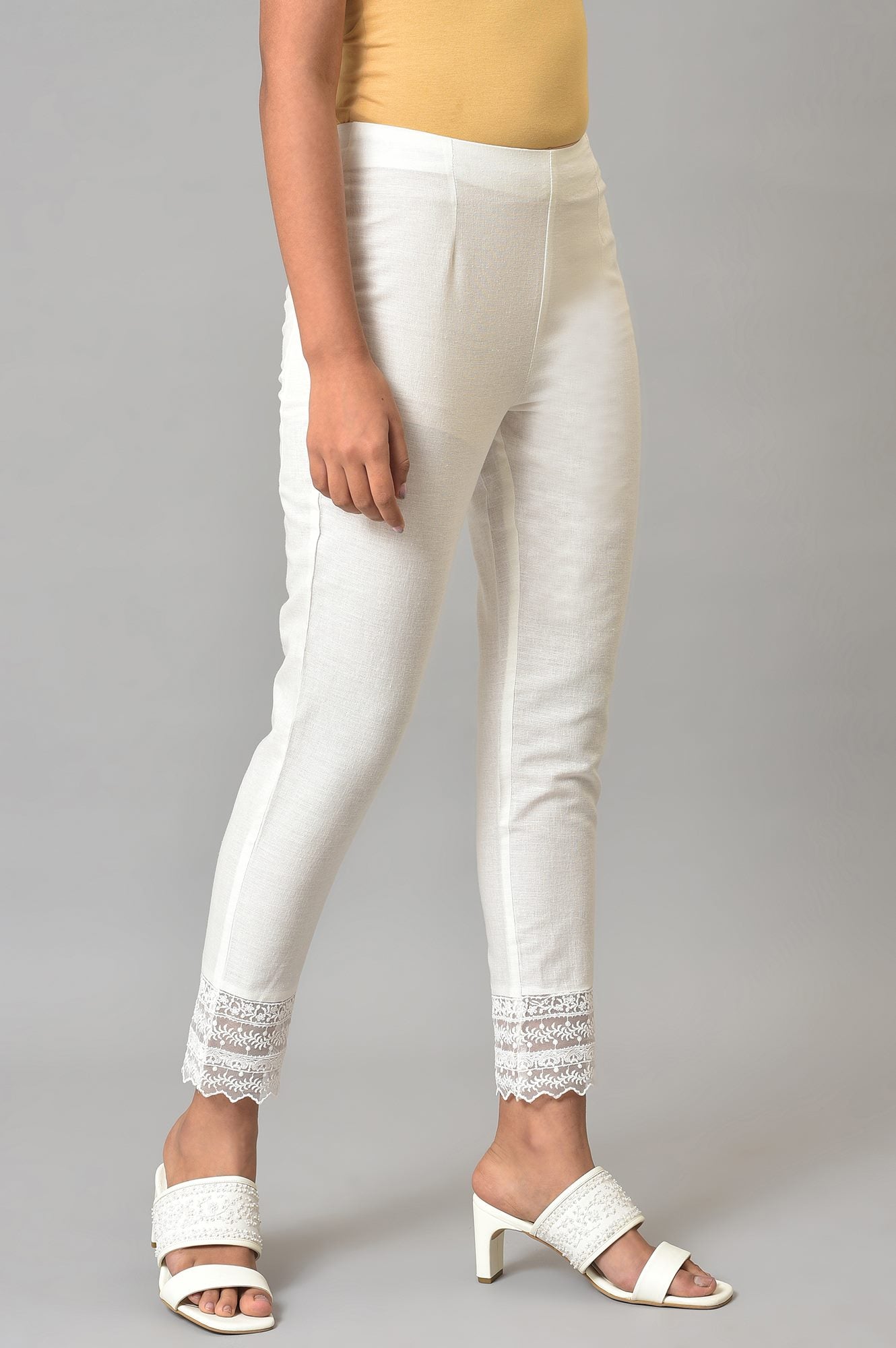 W for Woman White Lace Trim Cotton Slim Pant