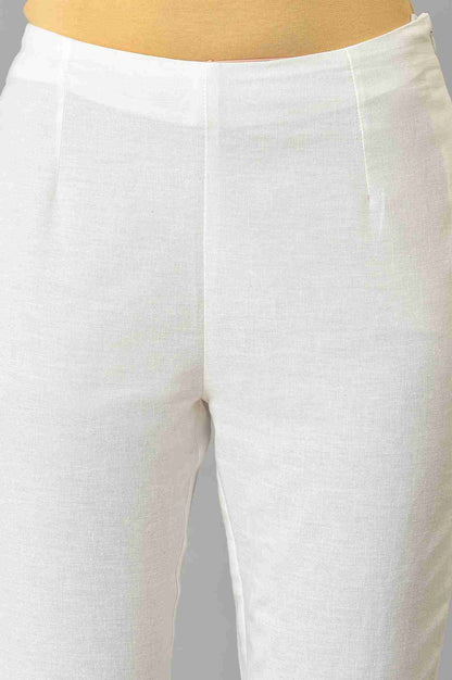 W for Woman White Solid Cotton Flax Slim Pant with Embellished Hemline