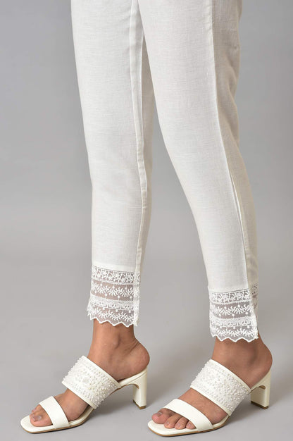 W for Woman White Solid Cotton Flax Slim Pant with Embellished Hemline