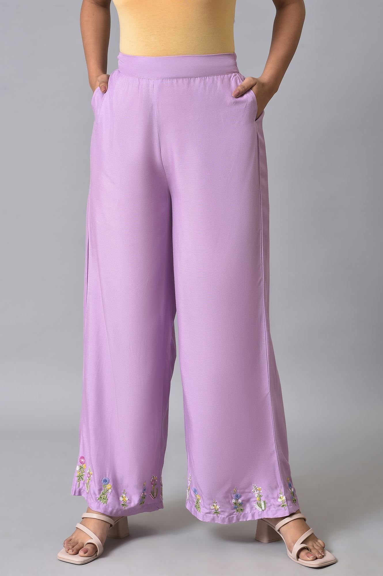 W for Woman Purple Embroidered Parallel Pants