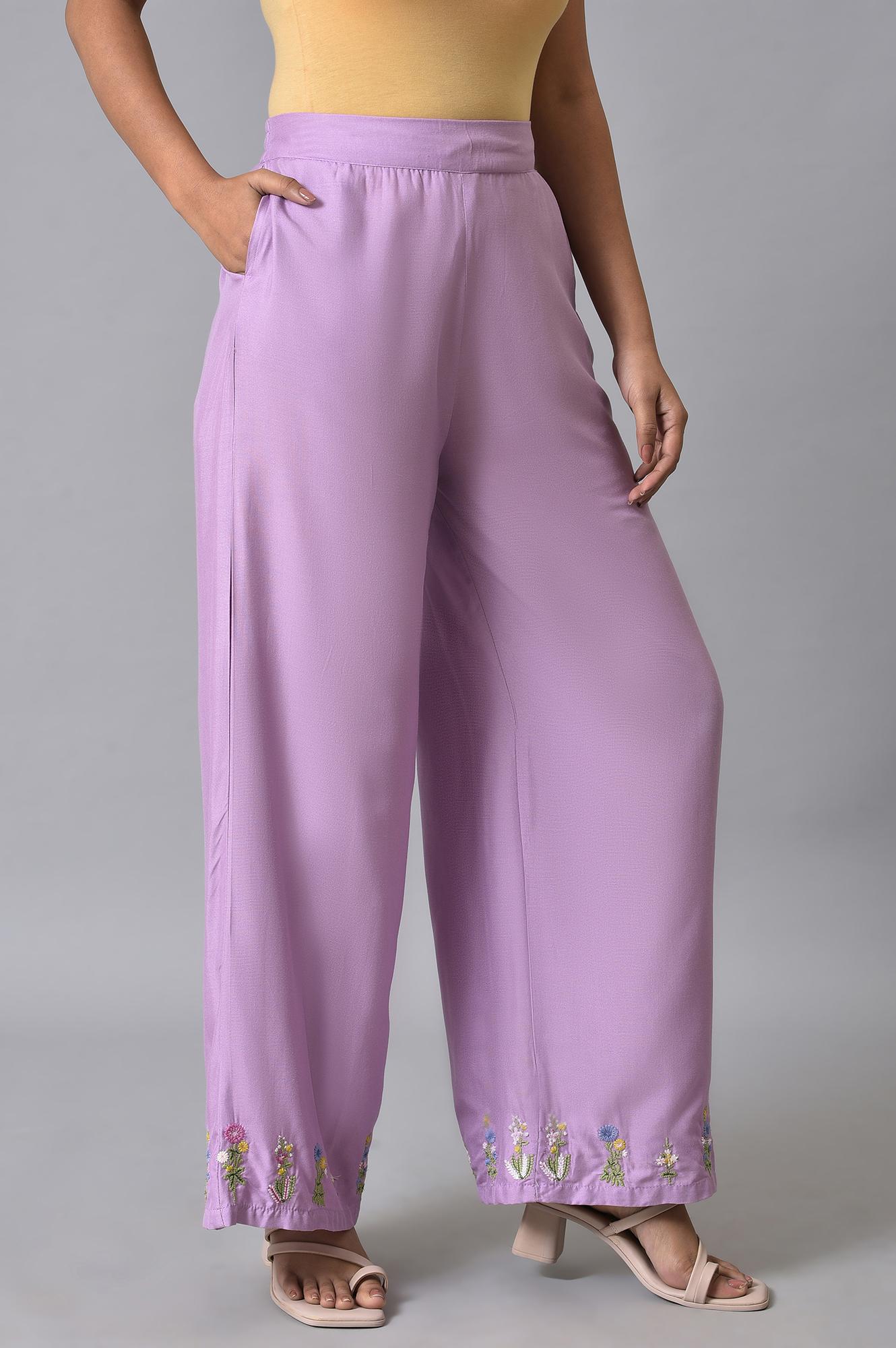 W for Woman Purple Embroidered Parallel Pants