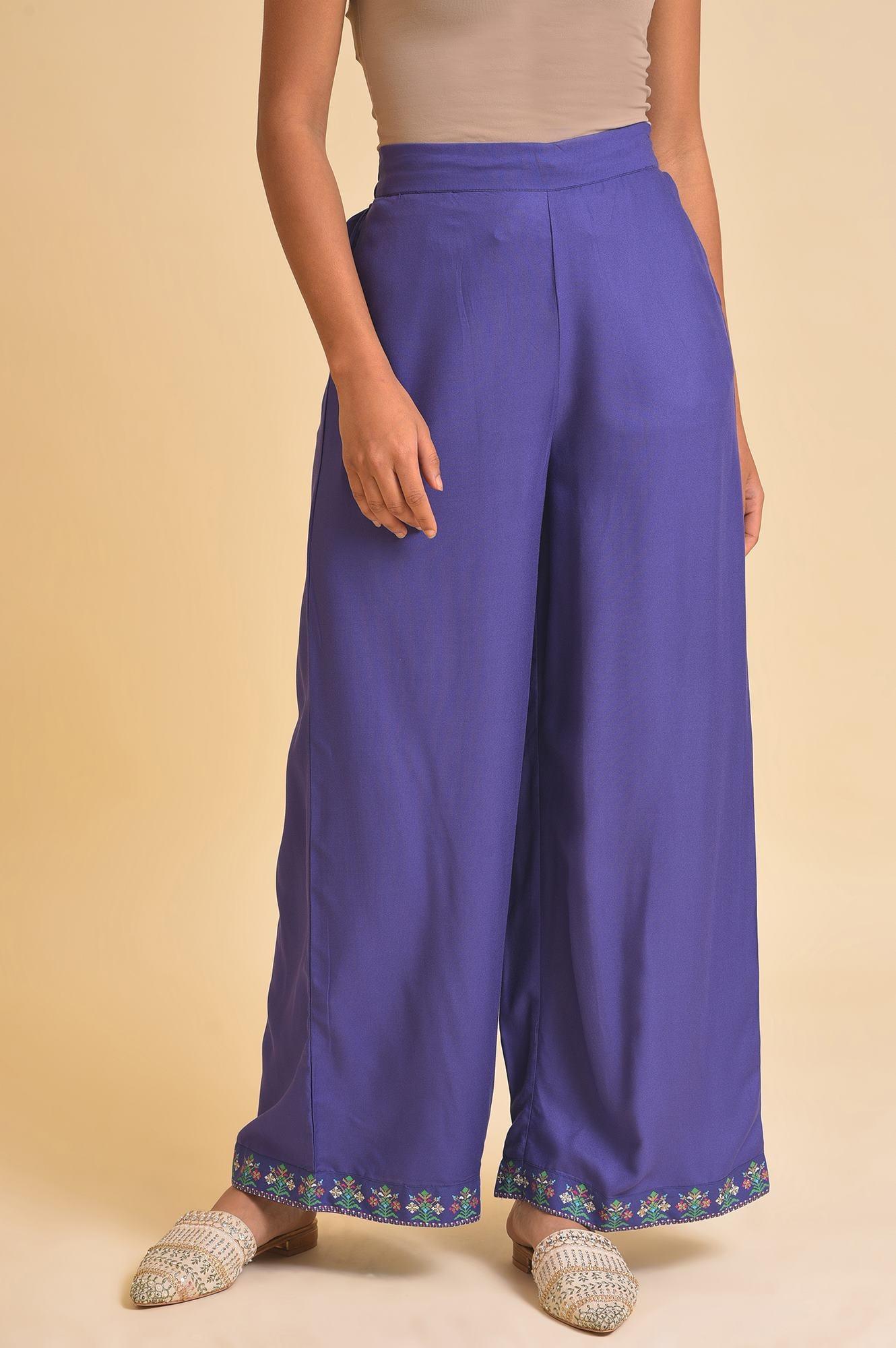 W for Woman Purple Rayon Embroidered Parallel Pants