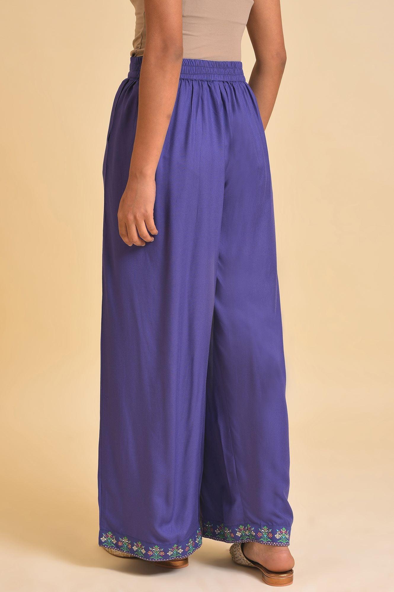 W for Woman Purple Rayon Embroidered Parallel Pants