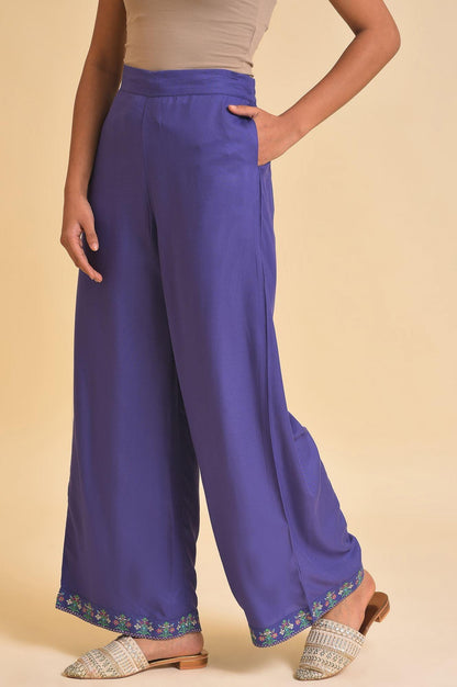 W for Woman Purple Rayon Embroidered Parallel Pants