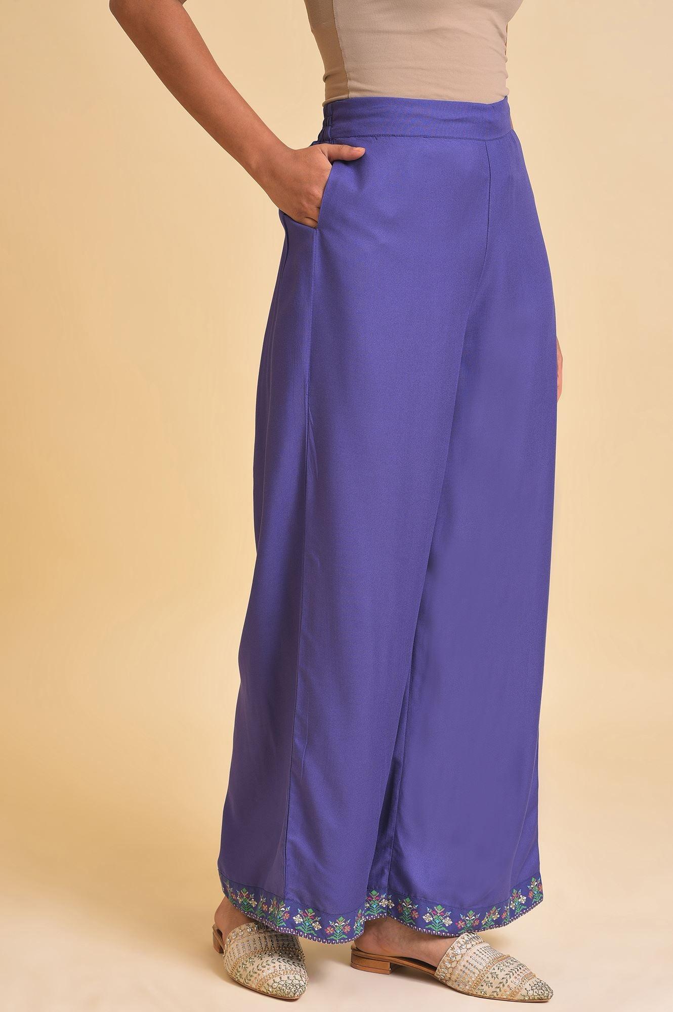 W for Woman Purple Rayon Embroidered Parallel Pants