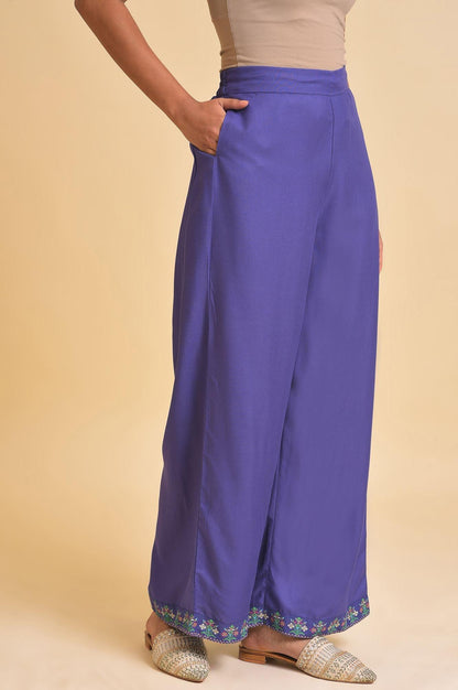 W for Woman Purple Rayon Embroidered Parallel Pants