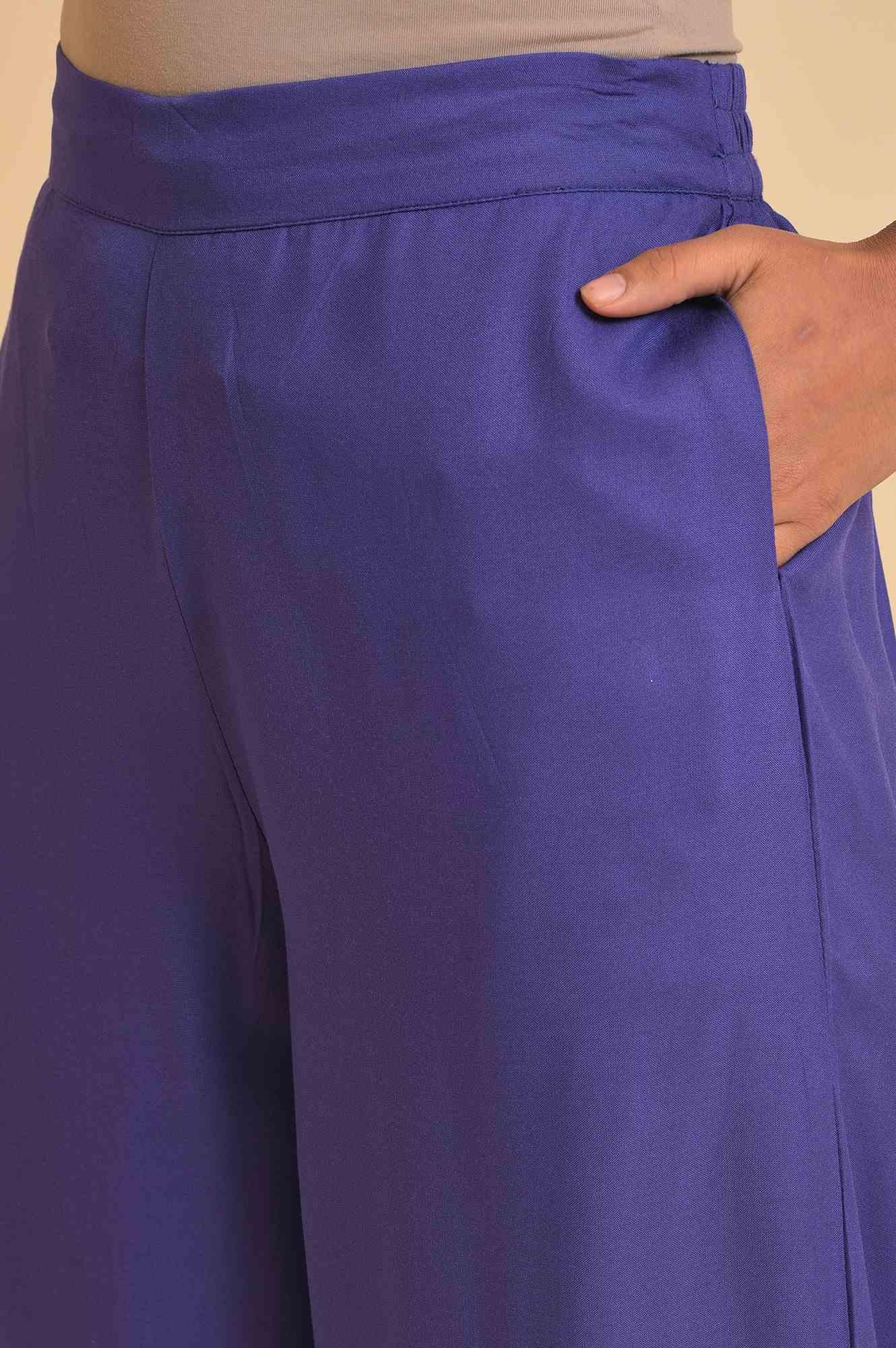 W for Woman Purple Rayon Embroidered Parallel Pants