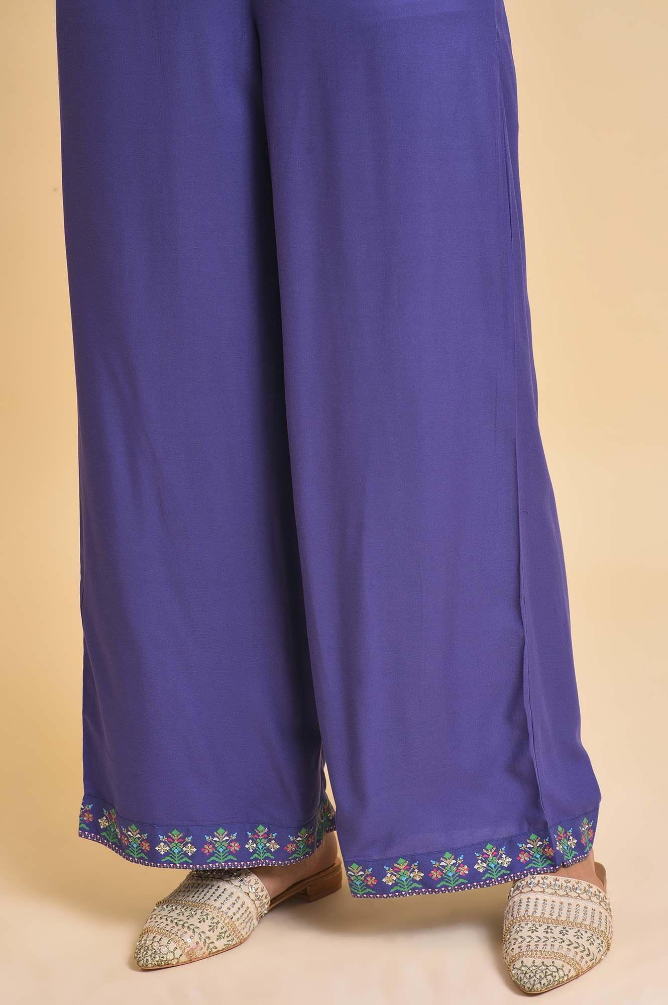 W for Woman Purple Rayon Embroidered Parallel Pants