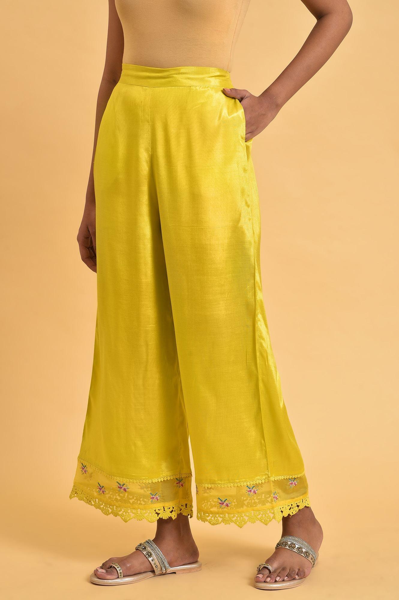 W for Woman Yellow Parallel Pants With Lace And Embroidery