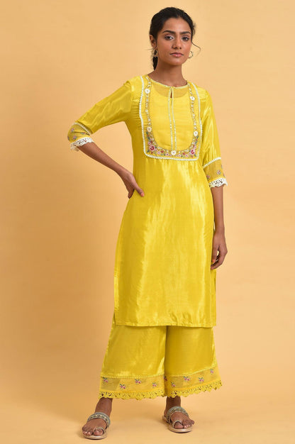 W for Woman Yellow Parallel Pants With Lace And Embroidery