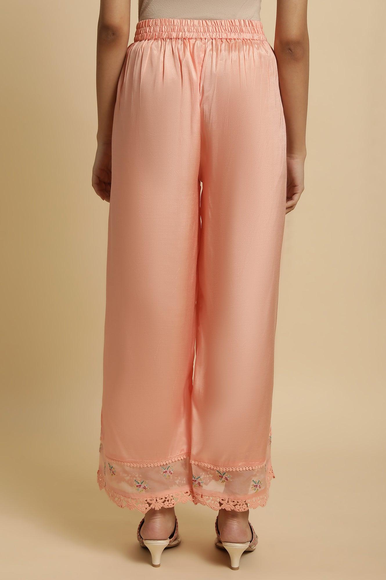 W for Woman Pink Parallel Pants With Lace And Embroidery