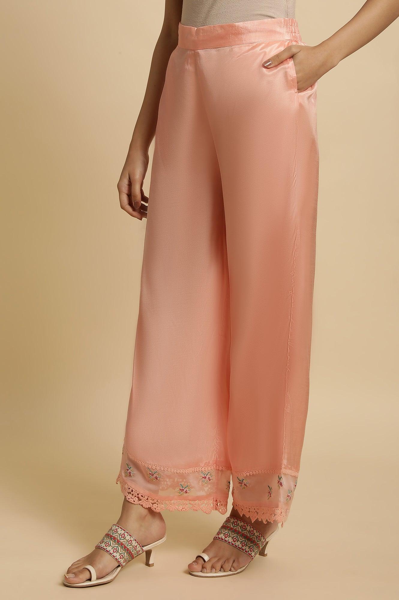 W for Woman Pink Parallel Pants With Lace And Embroidery