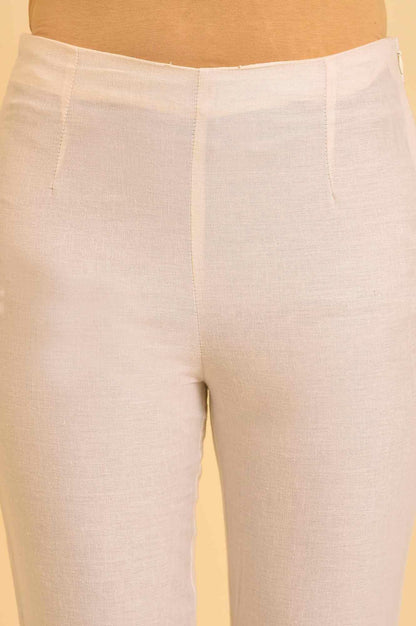 W for Woman Ecru Solid Slim Pants With Lace On Hem