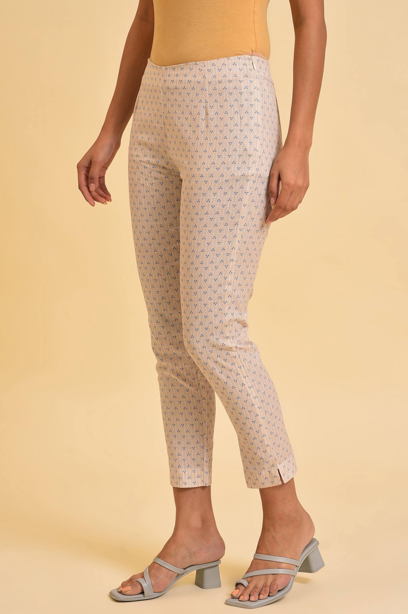 W for Woman Beige Floral Printed Pure Cotton Flared Kurta and Slim Pant Set